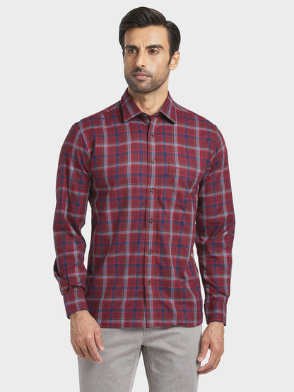 Colorplus Red Checks Tailored Fit Full Sleeve Cotton Shirt