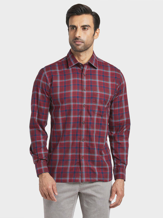 Colorplus Red Checks Tailored Fit Full Sleeve Cotton Shirt