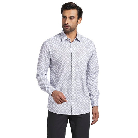 Men White Tailored Fit Print Cotton Full Sleeve Shirts
