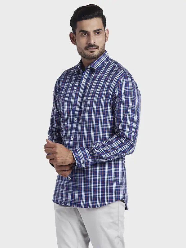 Men Blue Tailored Fit Checks Cotton Full Sleeve Shirts