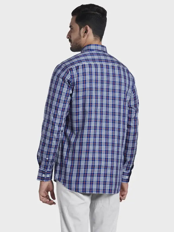 Men Blue Tailored Fit Checks Cotton Full Sleeve Shirts