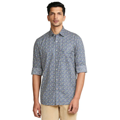 Men Blue Tailored Fit Print Cotton Full Sleeve Shirts