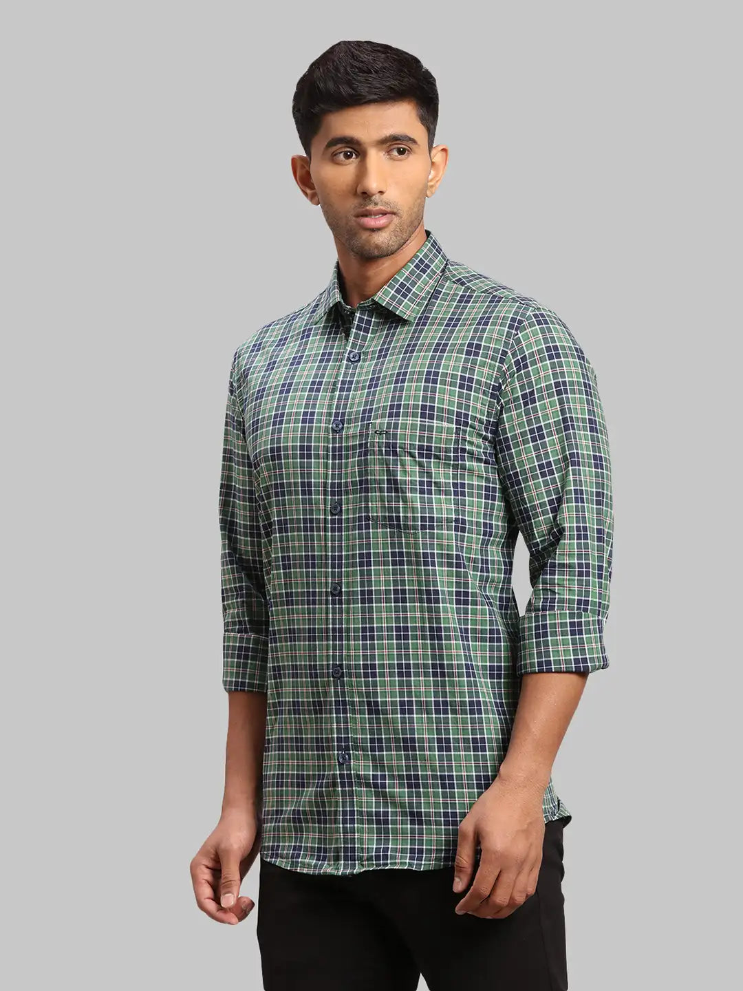 Men Green Tailored Fit Checks Cotton Full Sleeve Shirts