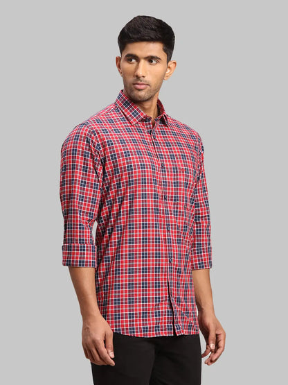 Men Red Tailored Fit Checks Cotton Full Sleeve Shirts