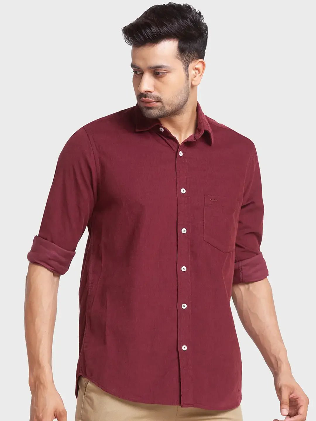 Men Red Tailored Fit Solid Cotton Full Sleeve Shirts
