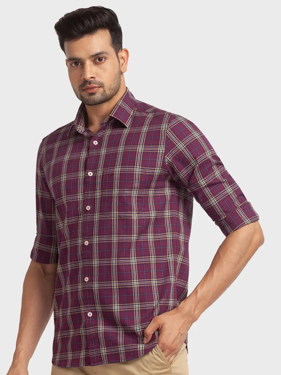 Colorplus Men Purple Checks Tailored Fit Cotton Casual Shirt