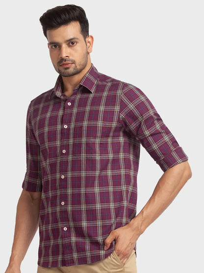 Colorplus Men Purple Checks Tailored Fit Cotton Casual Shirt