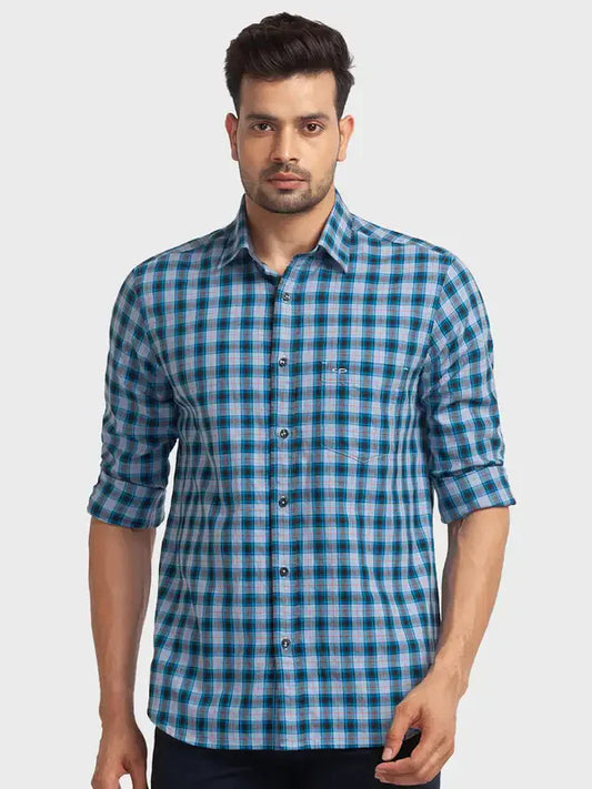 Men Blue Tailored Fit Checks Cotton Full Sleeve Shirts