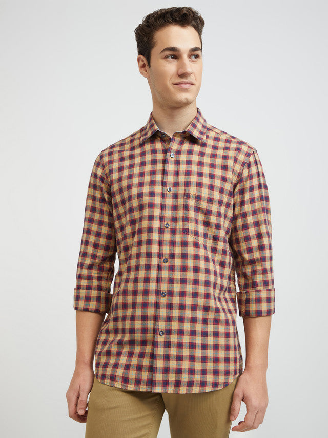 Men Yellow Tailored Fit Checks Cotton Full Sleeve Shirts