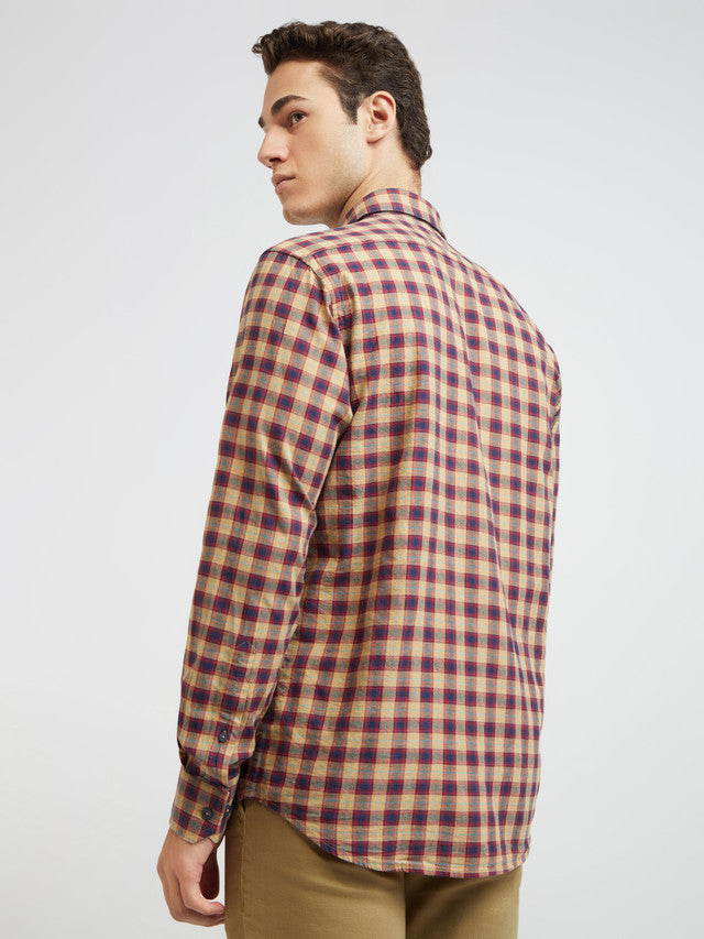 Men Yellow Tailored Fit Checks Cotton Full Sleeve Shirts