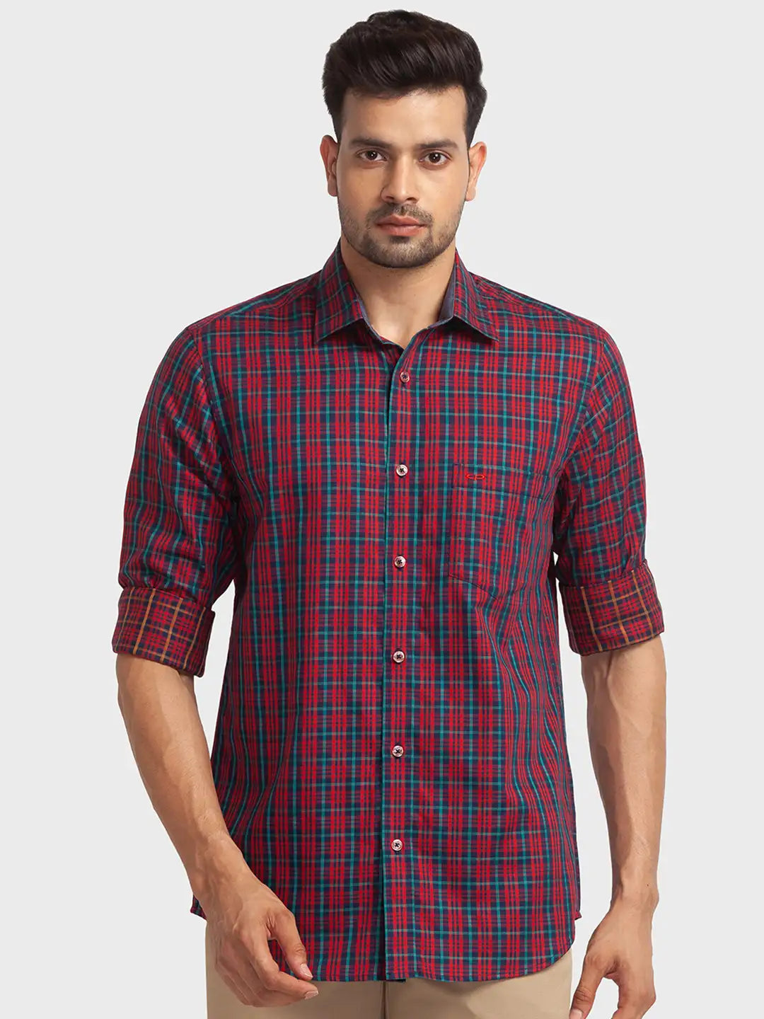Men Red Tailored Fit Checks Cotton Full Sleeve Shirts