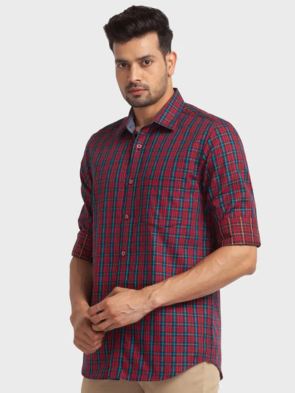 Men Red Tailored Fit Checks Cotton Full Sleeve Shirts