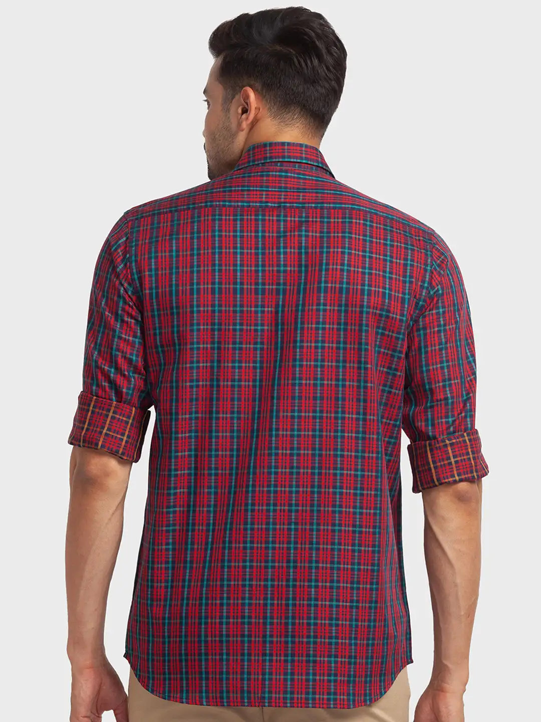 Men Red Tailored Fit Checks Cotton Full Sleeve Shirts