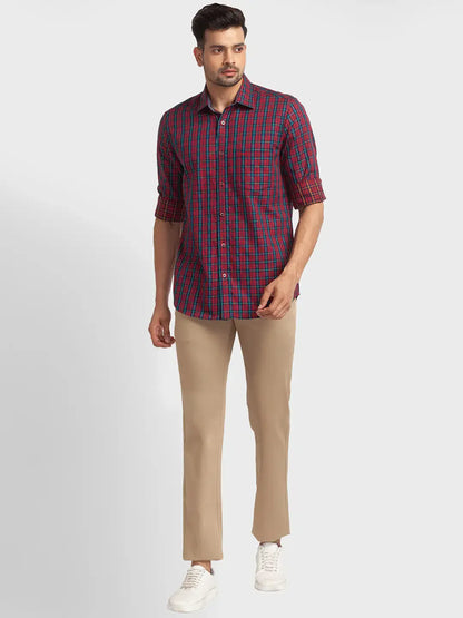 Men Red Tailored Fit Checks Cotton Full Sleeve Shirts