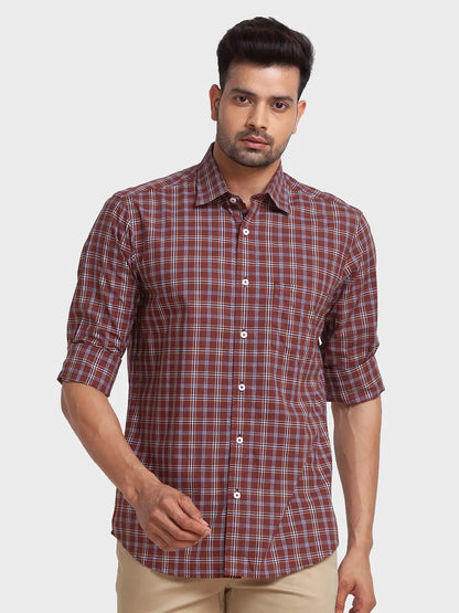 Men Brown Tailored Fit Checks Cotton Full Sleeve Shirts