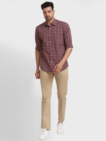 Men Brown Tailored Fit Checks Cotton Full Sleeve Shirts