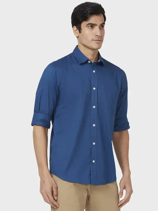 Men Petrol Tailored Fit Solid Cotton Full Sleeve Shirts