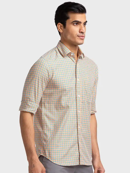 Men Orange Tailored Fit Checks Cotton Full Sleeve Shirts