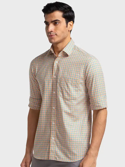 Men Orange Tailored Fit Checks Cotton Full Sleeve Shirts