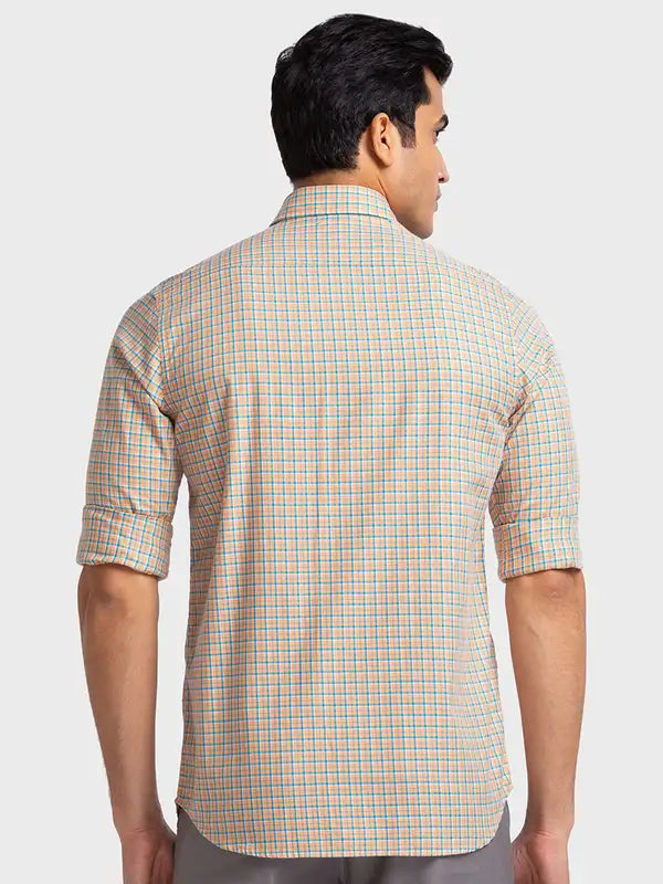 Men Orange Tailored Fit Checks Cotton Full Sleeve Shirts