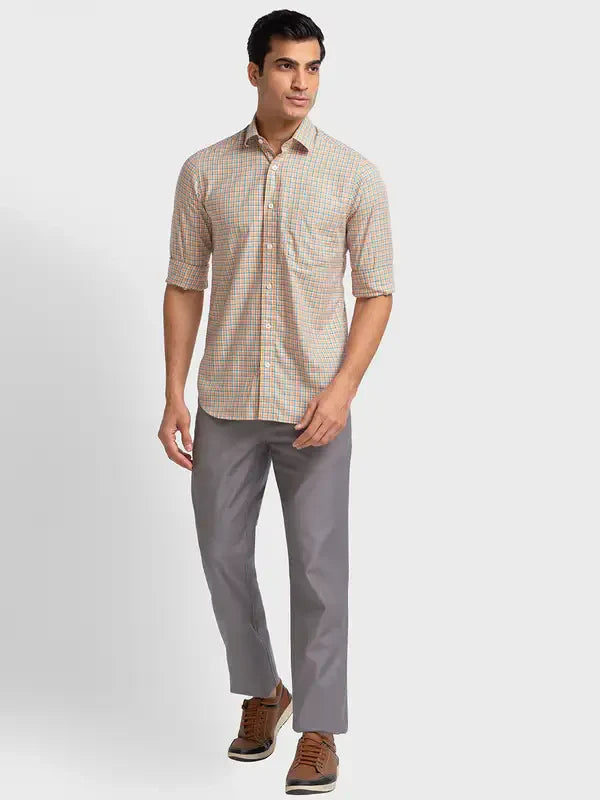 Men Orange Tailored Fit Checks Cotton Full Sleeve Shirts