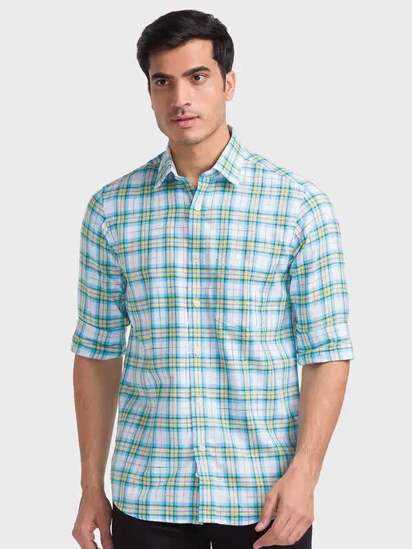 Men Blue Tailored Fit Checks Cotton Full Sleeve Shirts