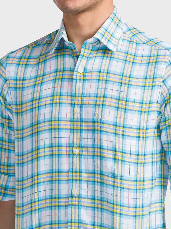 Men Blue Tailored Fit Checks Cotton Full Sleeve Shirts