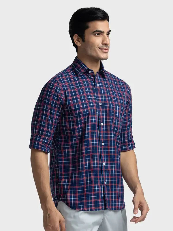 Men Blue Tailored Fit Checks Cotton Full Sleeve Shirts