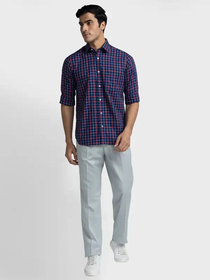 Men Blue Tailored Fit Checks Cotton Full Sleeve Shirts