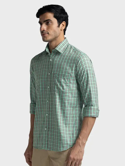 Men Green Tailored Fit Checks Cotton Blend Full Sleeve Shirts