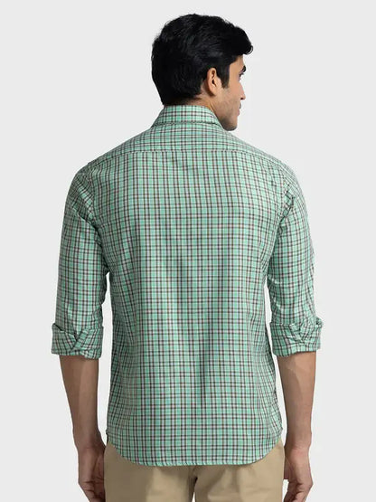 Men Green Tailored Fit Checks Cotton Blend Full Sleeve Shirts