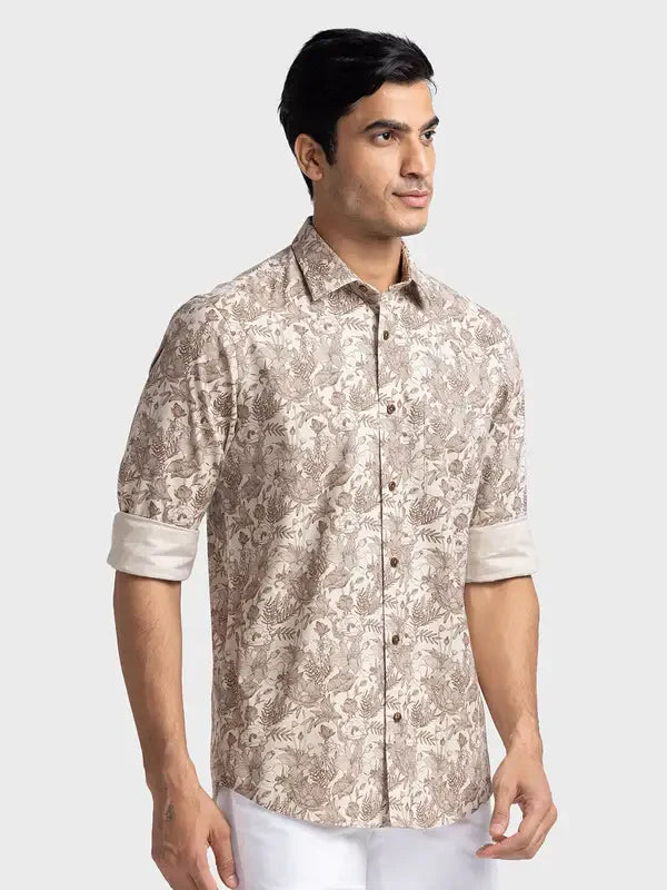 Colorplus Men Brown Printed Tailored Fit Cotton Casual Shirt