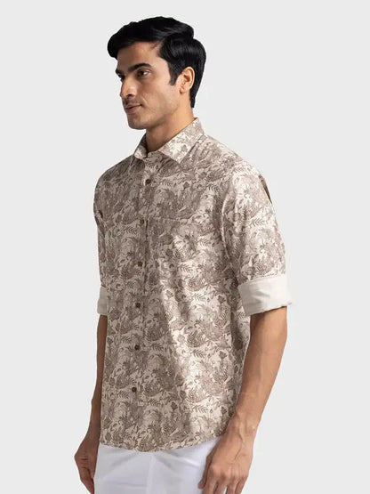 Colorplus Men Brown Printed Tailored Fit Cotton Casual Shirt