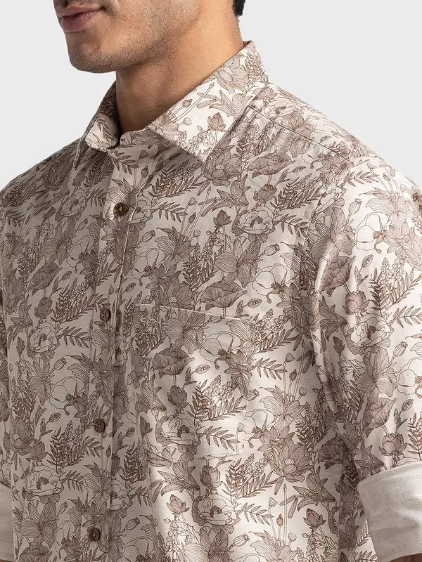 Colorplus Men Brown Printed Tailored Fit Cotton Casual Shirt