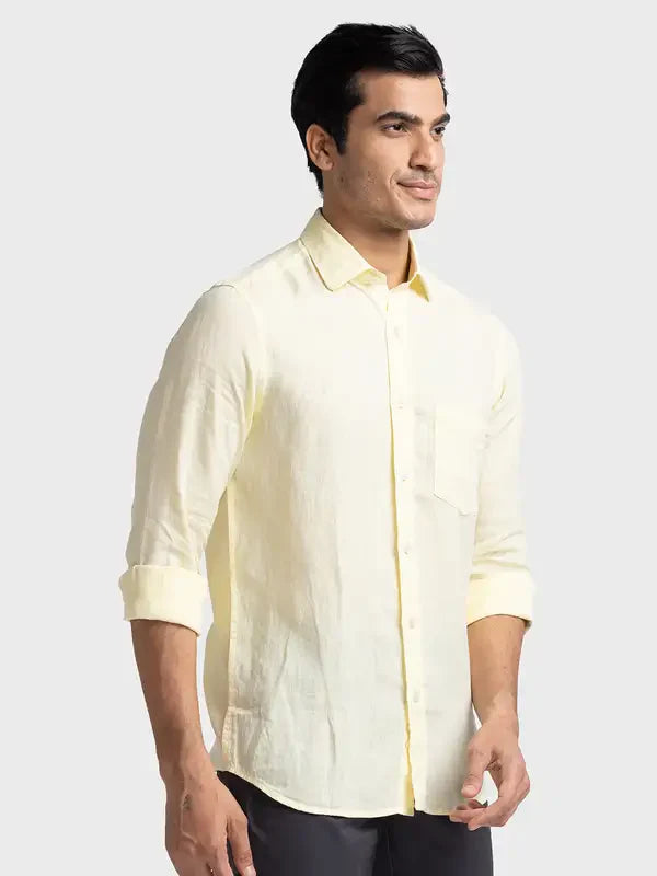 Colorplus Men Yellow Tailored Fit Yarn Dyed Linen Casual Shirt