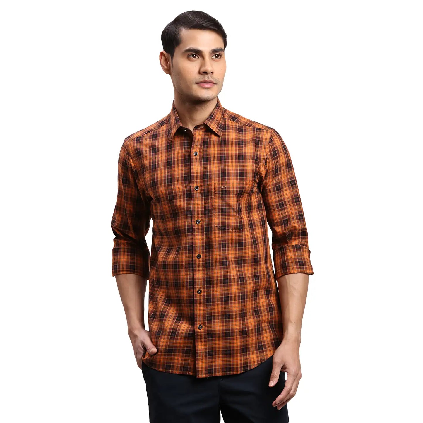 Men Brown Regular Fit Checks Cotton Full Sleeves Shirts