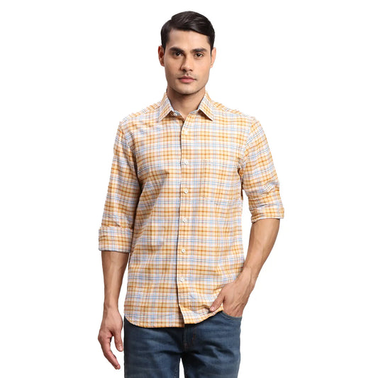 Men Yellow Regular Fit Checks Cotton Full Sleeves Shirts