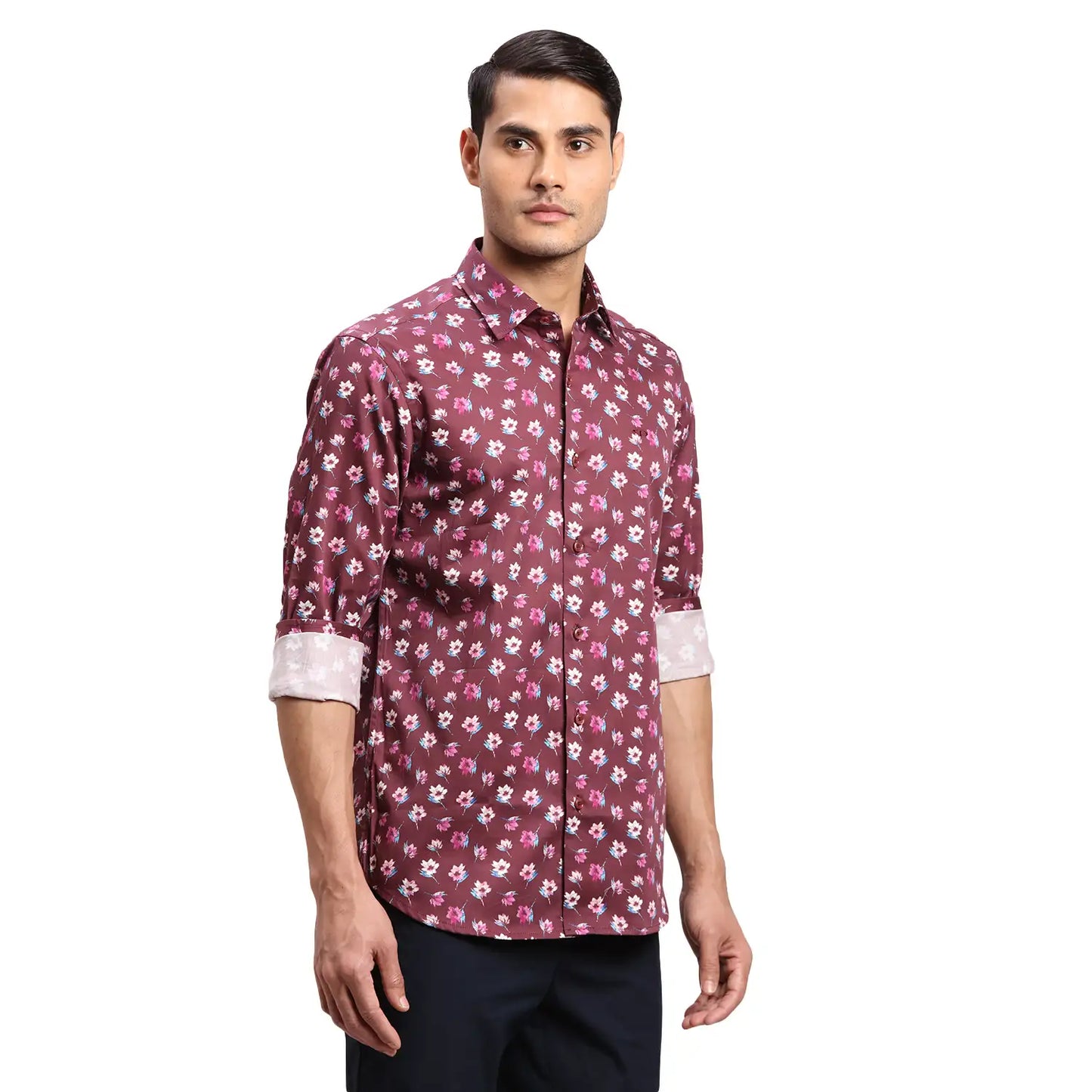 Men Maroon Regular Fit Print  Cotton Full Sleeve  Shirts