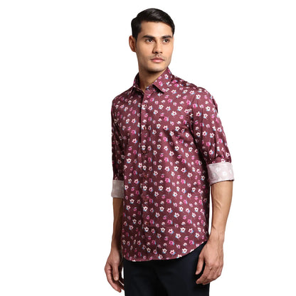 Men Maroon Regular Fit Print  Cotton Full Sleeve  Shirts