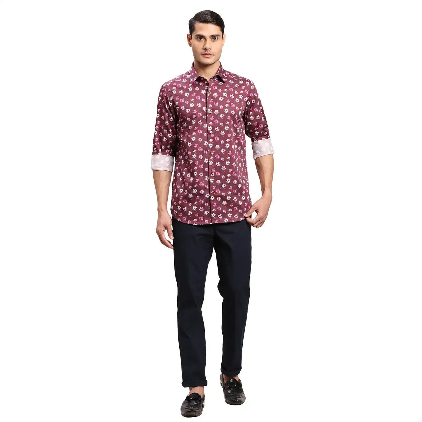 Men Maroon Regular Fit Print  Cotton Full Sleeve  Shirts