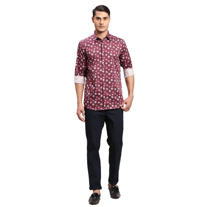 Men Maroon Regular Fit Print  Cotton Full Sleeve  Shirts