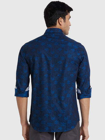Men Blue Regular Fit Jacquard Cotton Full Sleeve Shirts