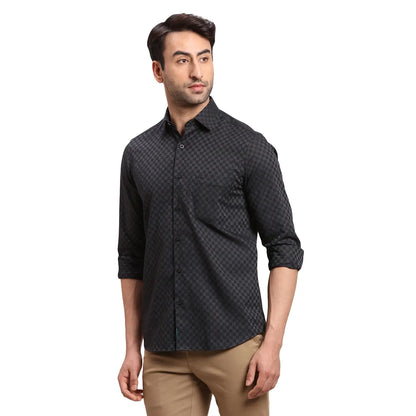 Men Black Regular Fit Dobby Cotton Full Sleeves Shirts