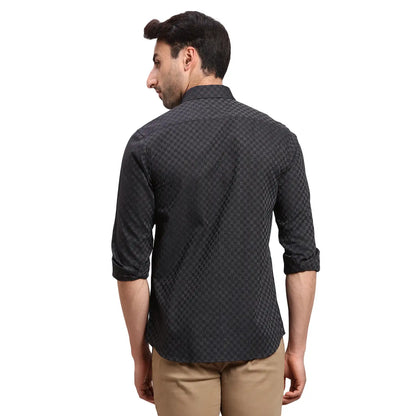 Men Black Regular Fit Dobby Cotton Full Sleeves Shirts