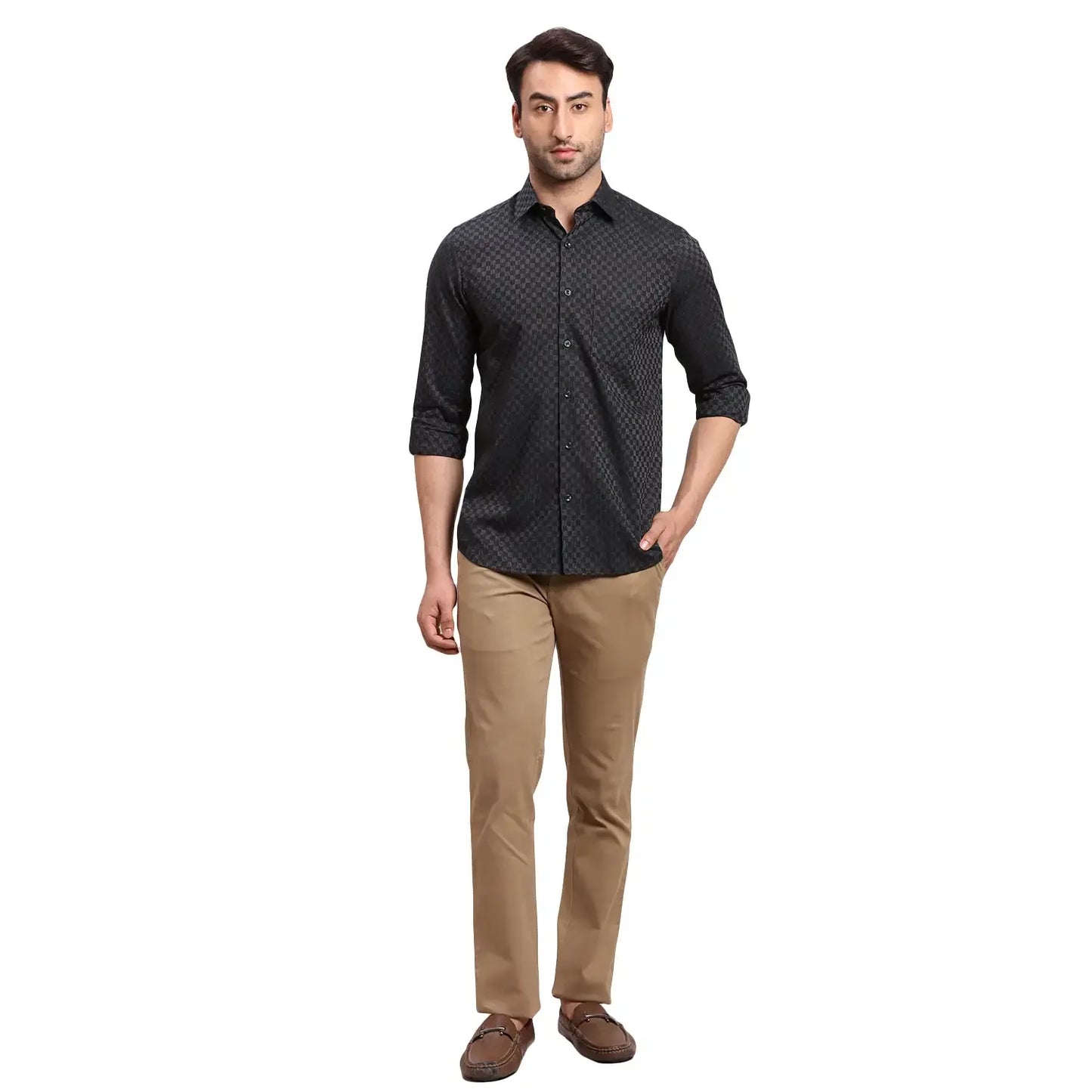 Men Black Regular Fit Dobby Cotton Full Sleeves Shirts