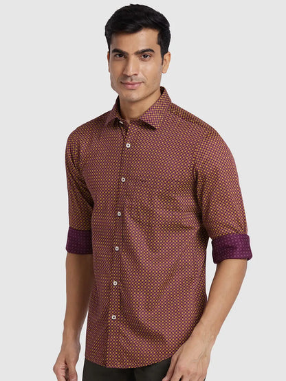 Men Maroon Regular Fit Print Cotton Full Sleeve Shirts