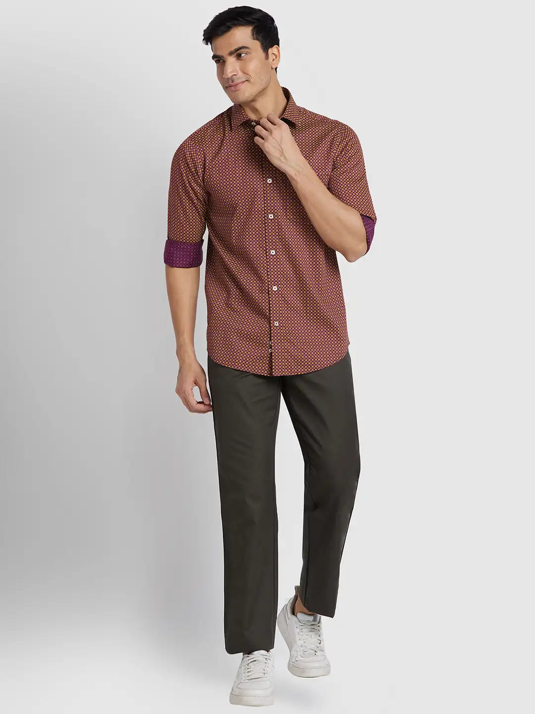 Men Maroon Regular Fit Print Cotton Full Sleeve Shirts