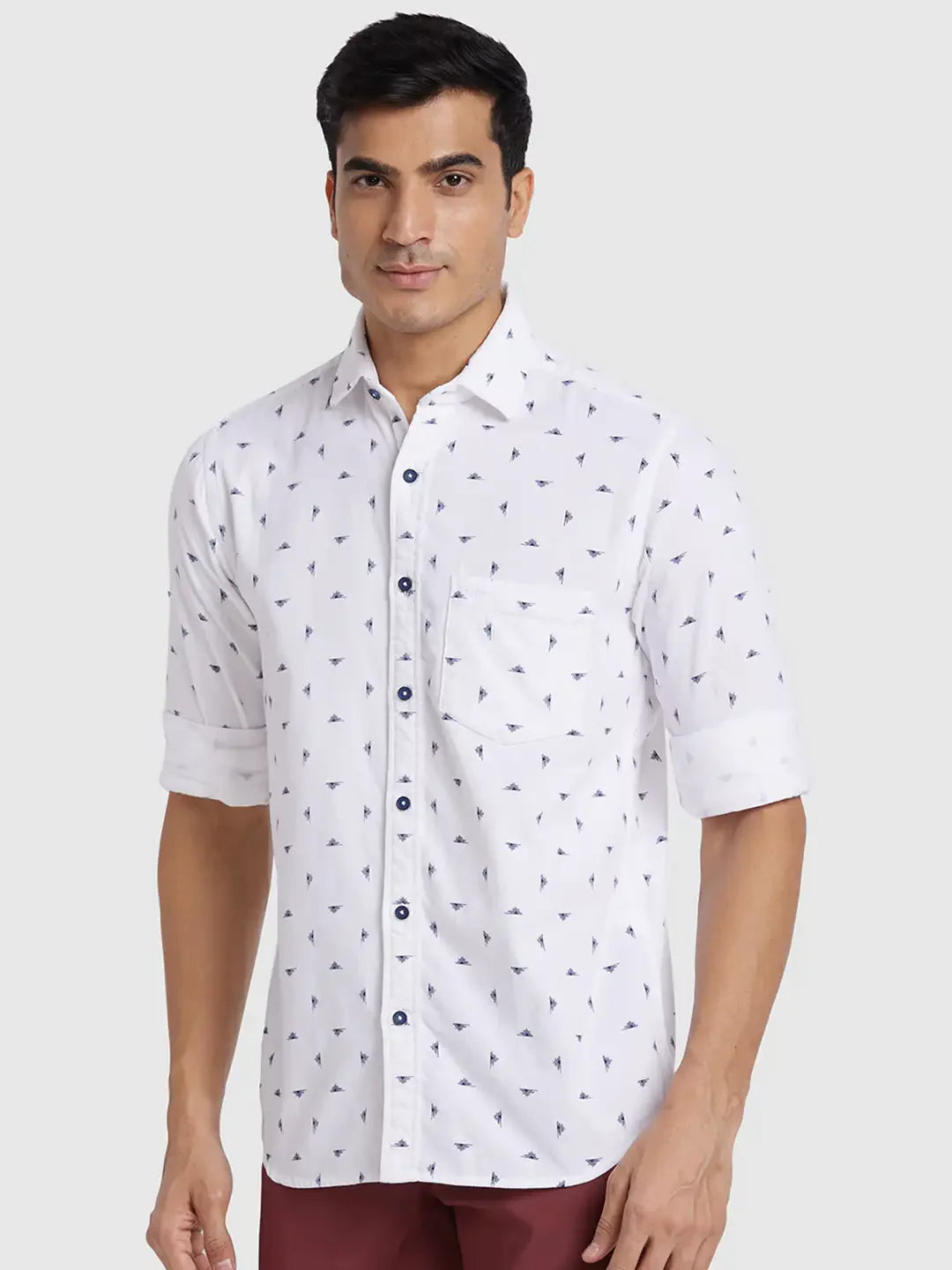 Men White Regular Fit Print  Cotton Full Sleeve  Shirts