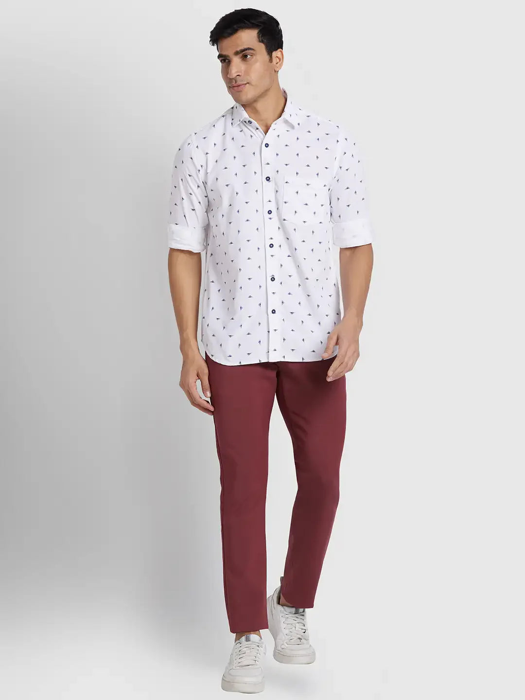 Men White Regular Fit Print  Cotton Full Sleeve  Shirts