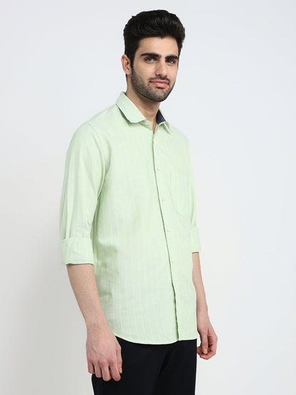 Colorplus Men Green Stripe Regular Fit Cotton Full Sleeve Casual Shirt